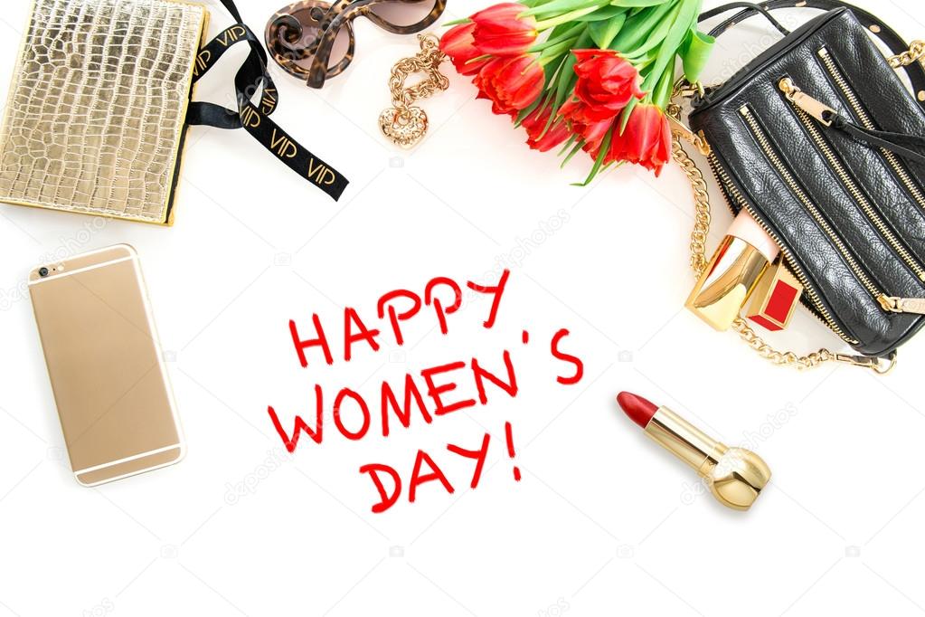 Happy Womens Day! Fashion mockup flowers cosmetics