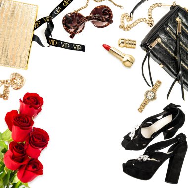 Moda Bayan Web sitesi kavramı. Aksesuar, kozmetik, çiçekler