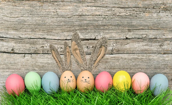Huevos de Pascua divertidos conejitos con orejas grandes — Foto de Stock