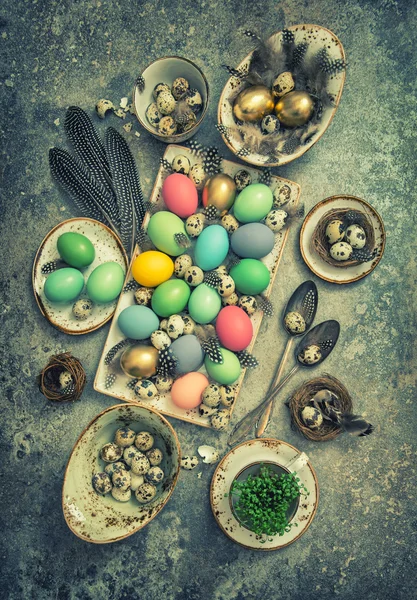 Easter decoration colored eggs birds feather. — Stock Photo, Image