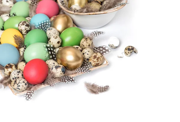 Easter decoration with eggs and feather — Stock Photo, Image