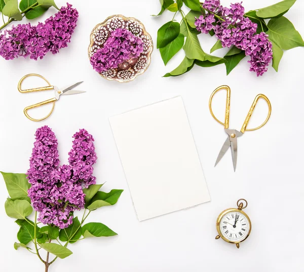 写生，淡紫色花朵，办公室工具平躺 — 图库照片