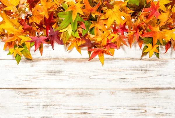 Folhas de outono em fundo de madeira rústica — Fotografia de Stock