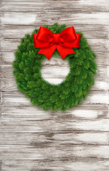 Christmas Wreath Red Ribbon Bow Wooden Background — Stock Photo, Image