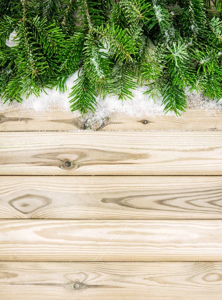 Christmas Vertical Background Pine Tree Branches Snow Wooden Texture — Stock Photo, Image