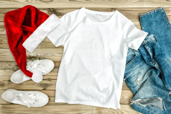 Christmas t shirt mock up. Fashion flat lay for website, social media. Product template