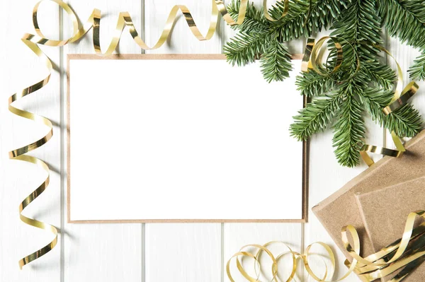 Julkort Mocka Upp Mall Med Dekoration Och Presentförpackning — Stockfoto