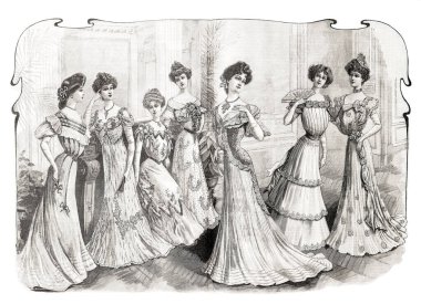Klasik şenlik kıyafetleri giyen kadınlar. 1902 'den kalma antik moda dergisi sayfası, Fransa, Paris