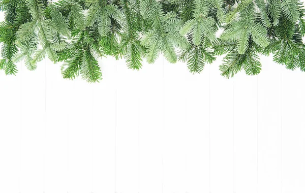 Spruce Branches Bright Wooden Background Christmas Template — Stock Photo, Image