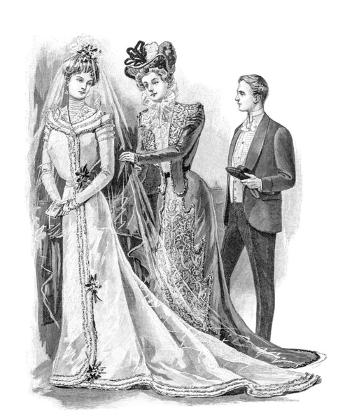Nevěsta Ženich Svatební Scéna Ročník Rytý 1900 — Stock fotografie