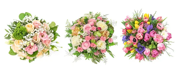 Voorjaarsboeket Witte Achtergrond Zachte Pastelkleurige Rozen Tulpen Anemoon Eustoma Bloemen — Stockfoto