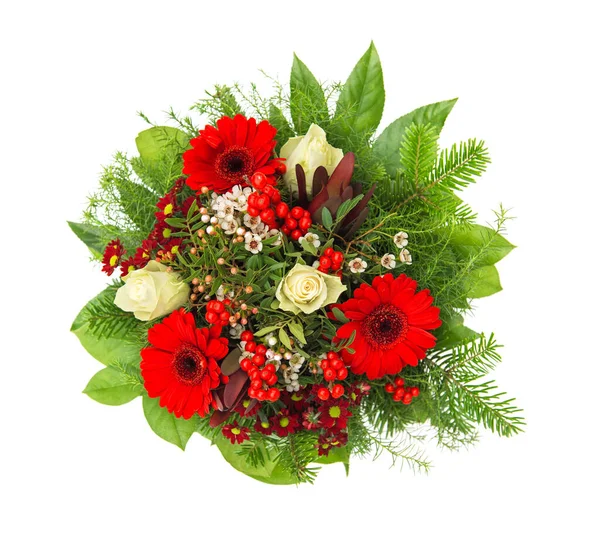 Röd Gerbera Och Vita Ros Blommor Isolerad Vit Bakgrund Vinterblomsterarrangemang — Stockfoto