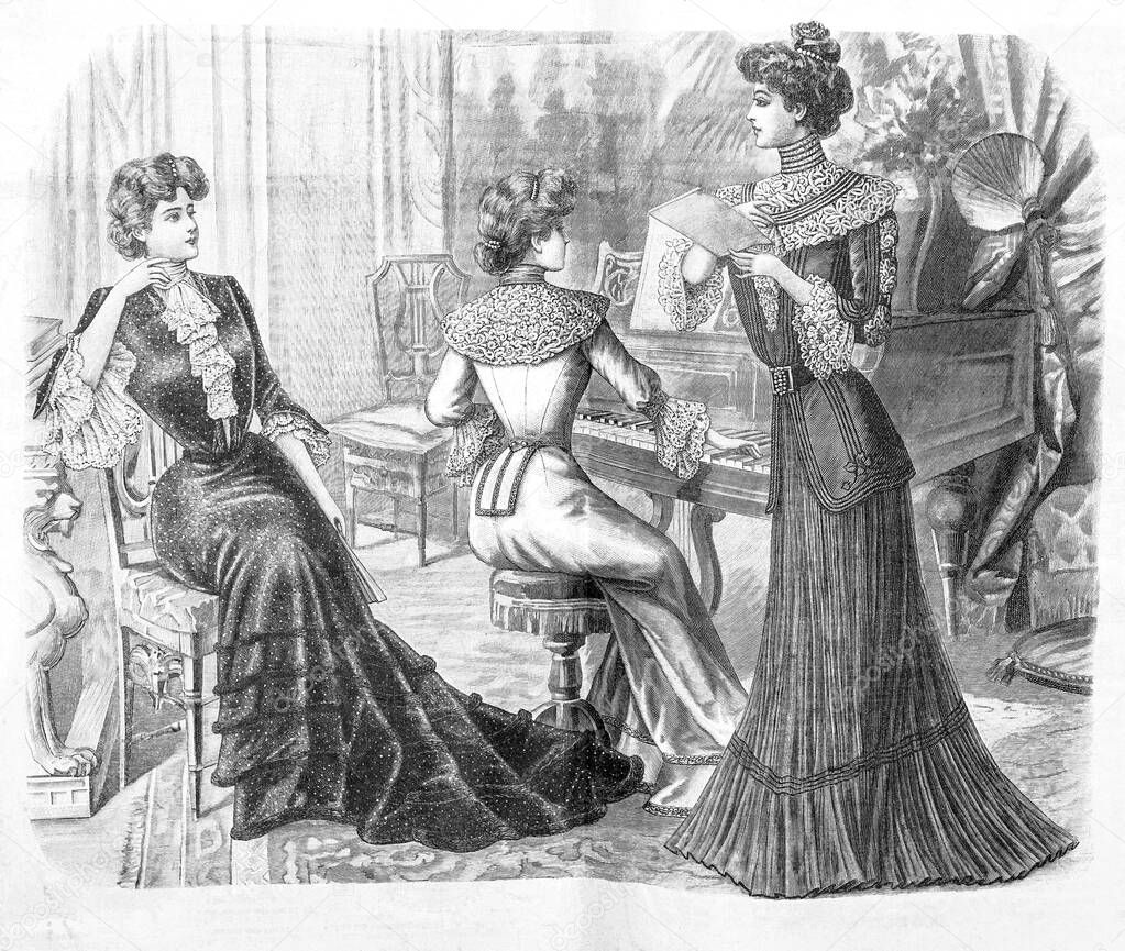 Women in music room playing piano wearing vintage festive clothing. Antique fashion magazine page from 1902, France, Paris