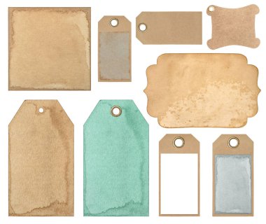 Eski kağıt etiketler. Beyaz arkaplanda eski işaretler izole edildi