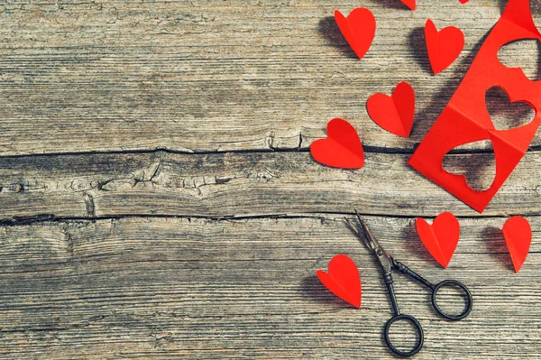 День Святого Валентина Красные Сердца Ножницы Винтажный Стиль Тонированного Изображения — стоковое фото