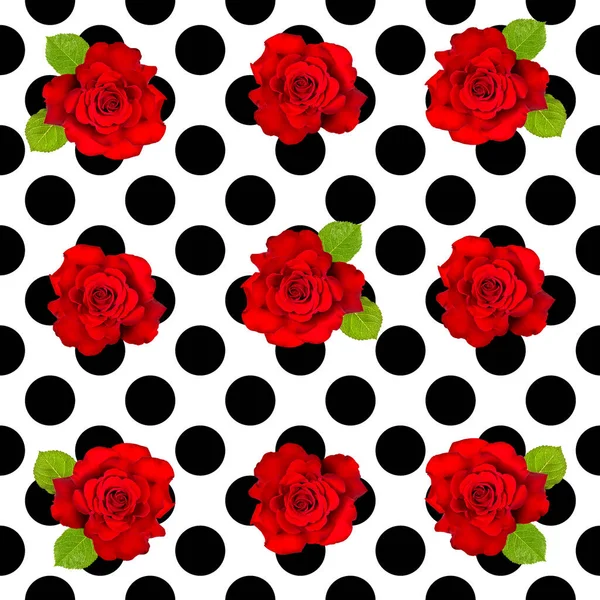 Polka Dot Pattern Rosas Vermelhas Projeto Branco Preto Backgroun Estilo — Fotografia de Stock