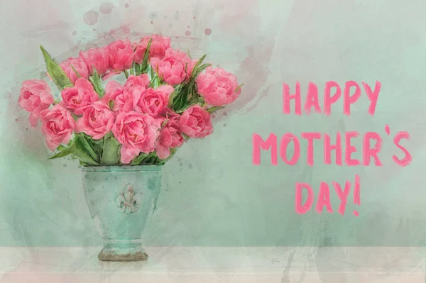 母亲节快乐 蓝绿色背景上的粉红色郁金香花 水彩画 — 图库照片