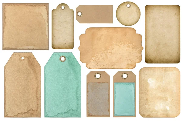 Kullanılmış kağıt etiket etiketi. Beyaz arkaplanda izole edilmiş eski tarz kart