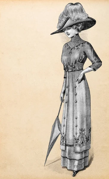 古色古香的女人 衣着端庄 头戴帽子 巴黎1911年的古董时尚雕刻品 — 图库照片