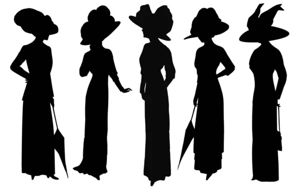 Ženy Starých Elegantních Šatech Klobouku Černá Módní Silueta Izolované Bílém — Stock fotografie
