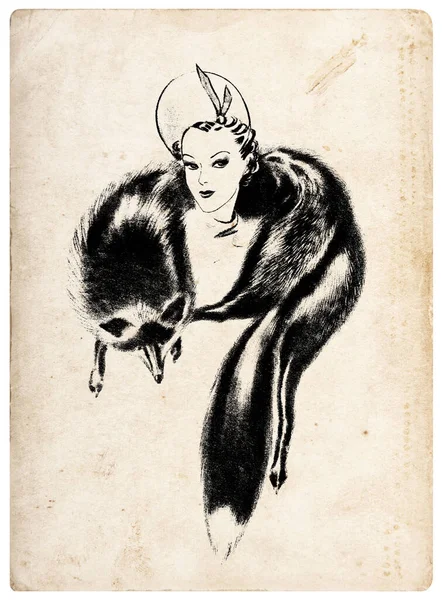 Junge Frau Mit Vintage Hut Und Fuchspelz Modestil Der 1930Er — Stockfoto