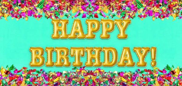 Happy Birthday Party Background Golden Foil Balloons Confetti Banner — Stock Photo, Image