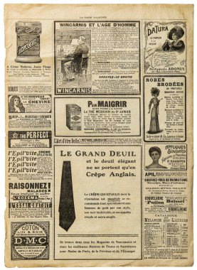 Newspaper pages with antique advertising. Used grungy paper background
