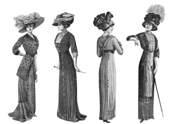 Kobieta Klasycznej Eleganckiej Sukience Kapeluszu Zabytkowe Grawerowanie Mody 1911 Roku — Zdjęcie stockowe