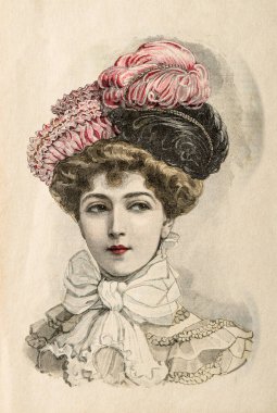 Seçkin bir elbise ve şapka giyen bir kadın. 1901 'den, Fransa' dan, Paris 'ten kalma antik oymalar.