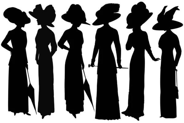 Ženy Silueta Vinobraní Elegantní Šaty Klobouk Izolované Bílém Pozadí — Stock fotografie
