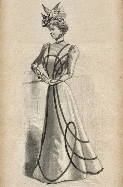 レトロなスタイルのドレスと帽子を身に着けている若い女性 1899年 フランス パリからのヴィンテージファッション彫刻 — ストック写真