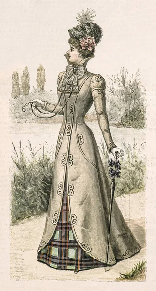 Kobieta Zabytkowej Sukience Akcesoriach Zabytkowy Rysunek Mody 1899 Roku Francja — Zdjęcie stockowe