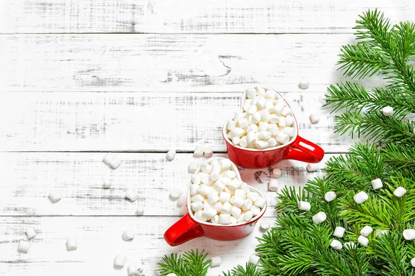 Bebida Quente Com Marshmallow Decoração Natal Férias Comida Flat Lay — Fotografia de Stock