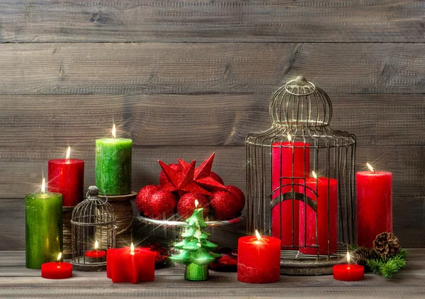 Christmas decoration with burning candles. nostalgic home interi — Stock Photo, Image