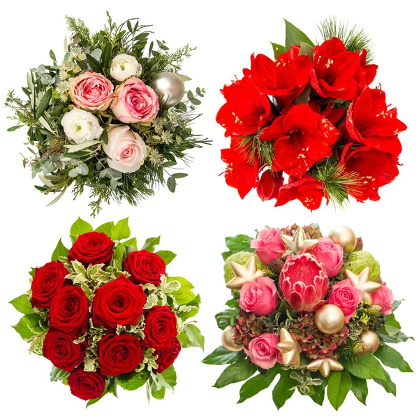 Four colorful flowers bouquet. roses, amaryllis, protea isolated — Stock Photo, Image