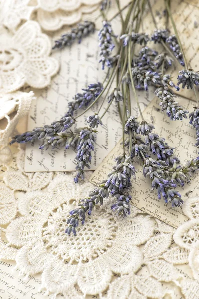 Dried lavender flowers and vintage love postcards — Stock Photo, Image