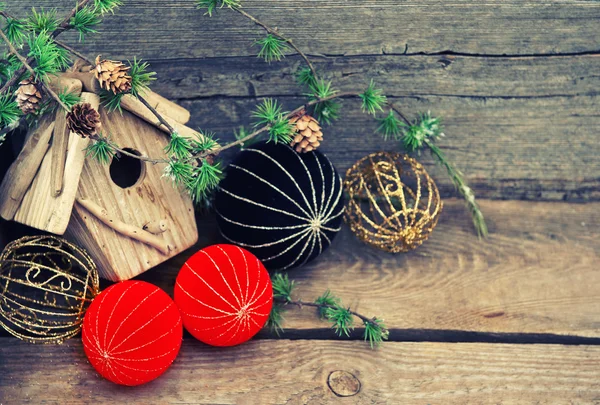 Christmas decoration on wooden background. china style balls — Stock Photo, Image