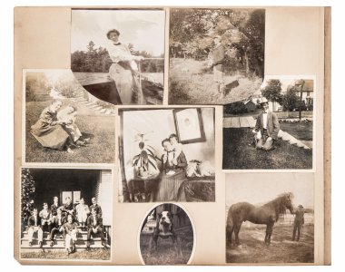 vintage foto albumpagina. antieke familie en dieren foto 's