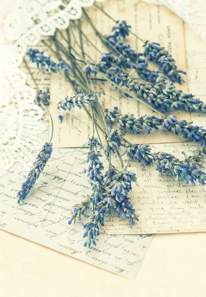 Gedroogde lavendel, kant en oude liefdesbrieven — Stockfoto