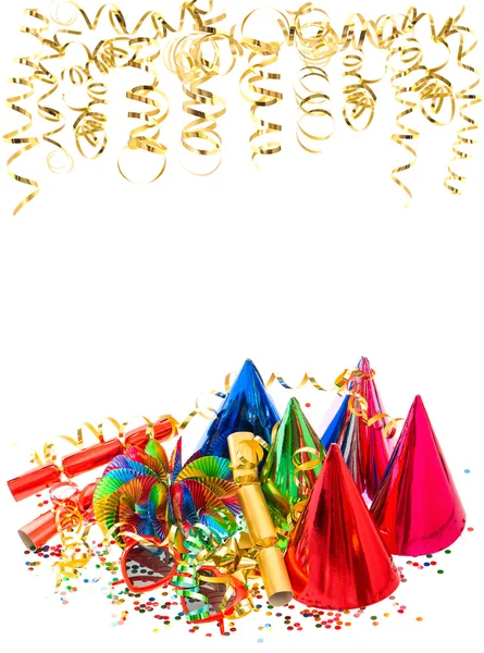 Kolorowe girlandy, złoty serpentyn i konfetti — Zdjęcie stockowe