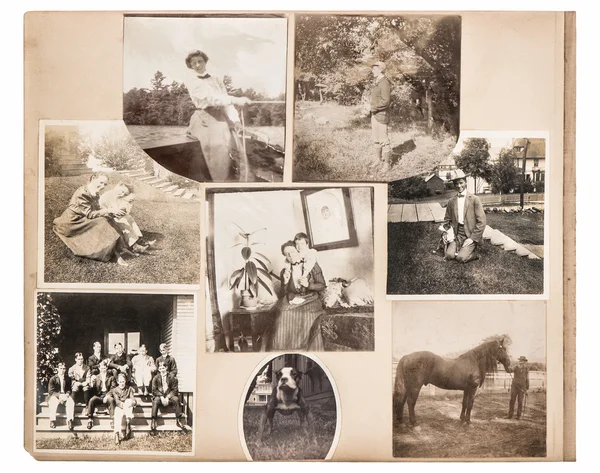 ビンテージ写真アルバムのページ。アンティークの家族と動物の写真 — ストック写真