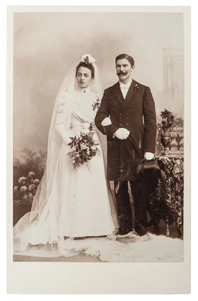 Antique wedding photo. portrait of just married couple — Stock Photo, Image