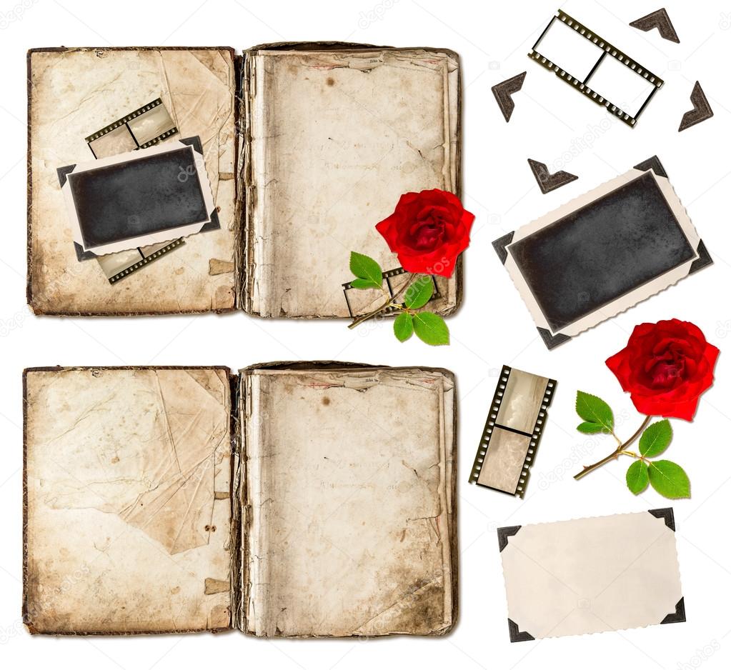 old book, photo frameds and red rose flower. scrapbook elements