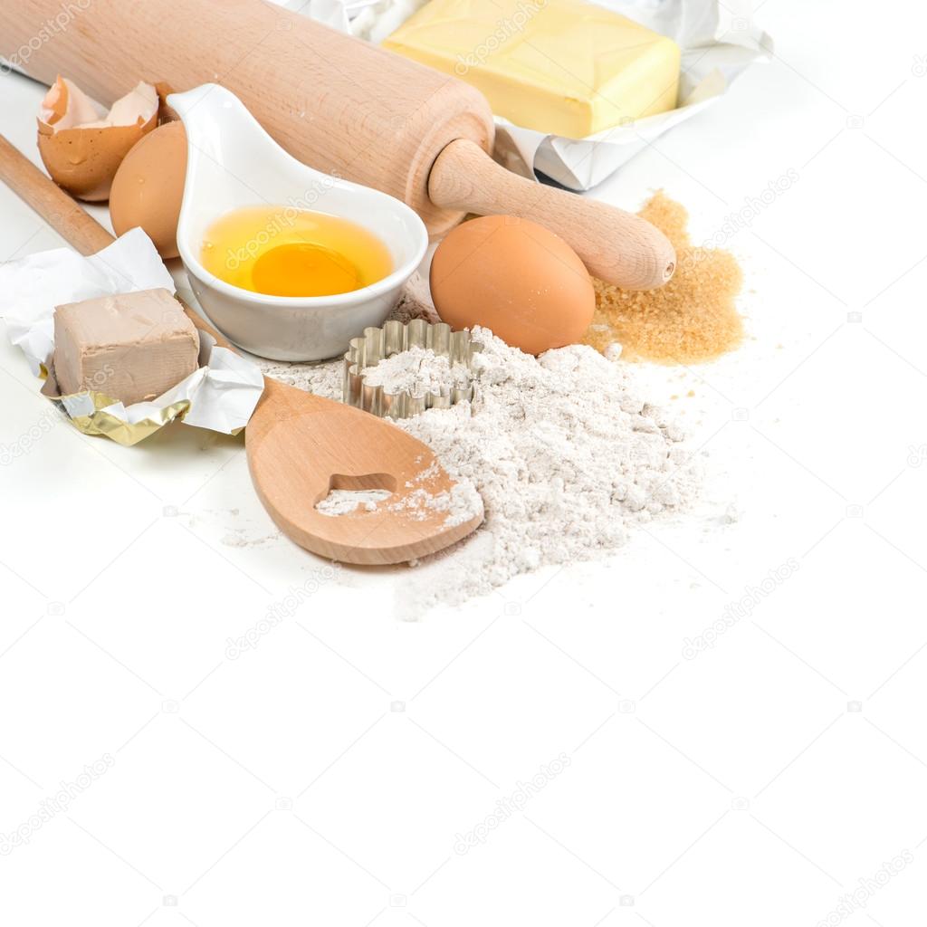 baking ingredients eggs, flour, yeast, sugar, butter. kitchen ut