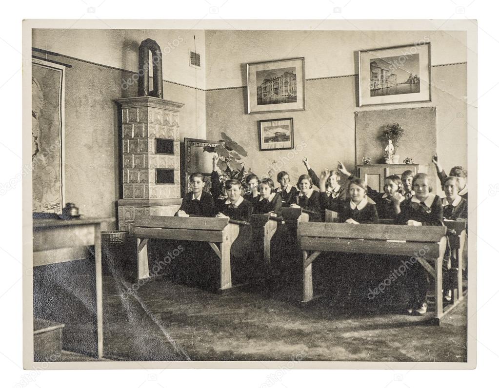 retro picture of classmates. group of children in the classroom
