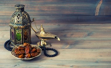 Dates, arabian lantern and rosary. Islamic holiday clipart