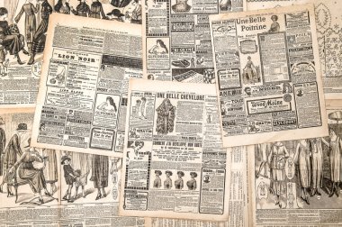 Newspaper pages with antique advertising. Woman's fashion magazi clipart