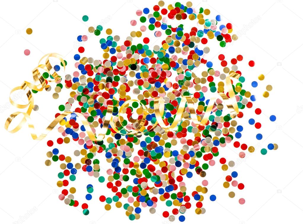 colorful assorted confetti with golden serpentine on white backg
