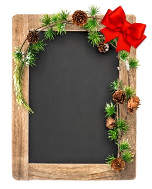 Kara tahta Noel dekorasyonu ve kırmızı kurdele yay