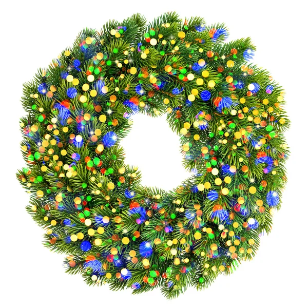Christmas decoration evergreen wreath with colorful lights and s — Stock Photo, Image